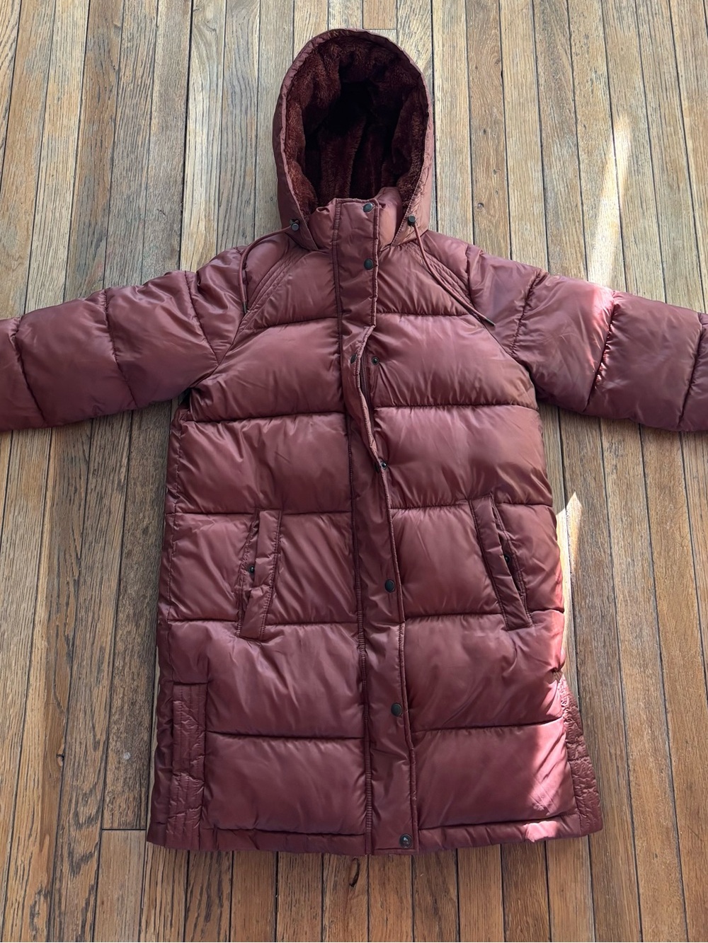American Eagle Outfitters Long Hooded Puffer Coat - Burgundy